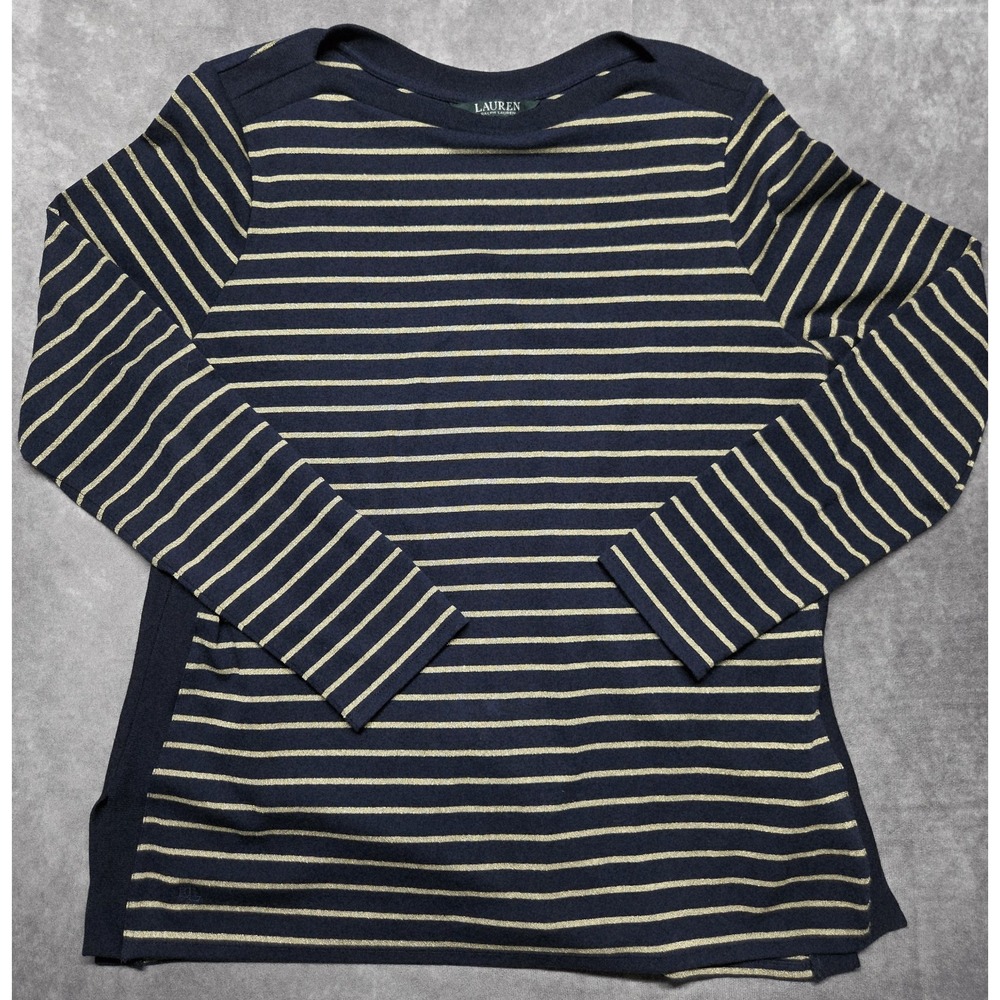 Lauren Ralph Lauren Navy Gold Metallic Stripe Long Sleeve Top XL Classic Preppy
